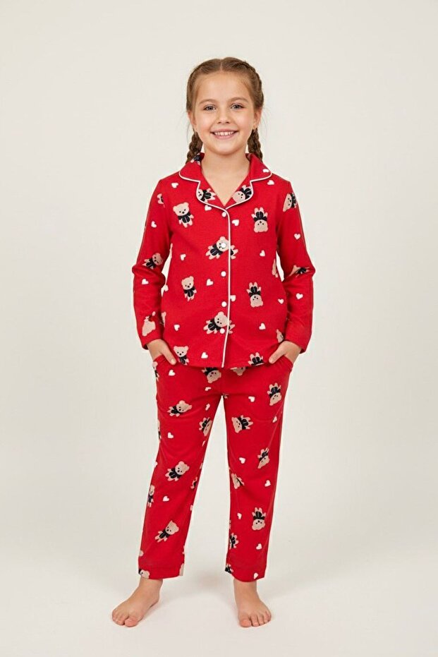 My Little One's Teddy Bear Patterned Suede Girls' Pajama Set - Red