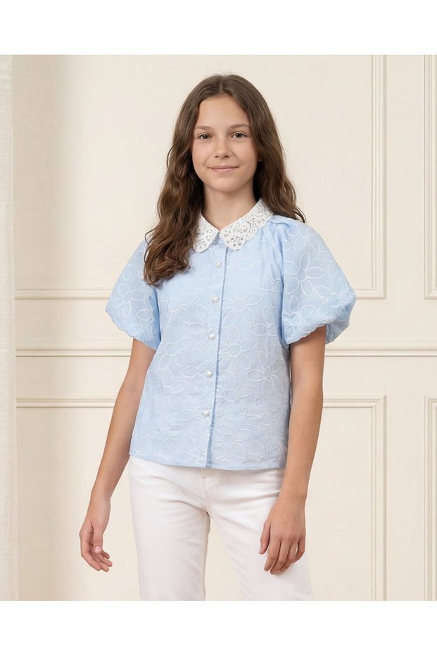 Senior Girls Light Blue Embroidered Short Sleeve Blouse