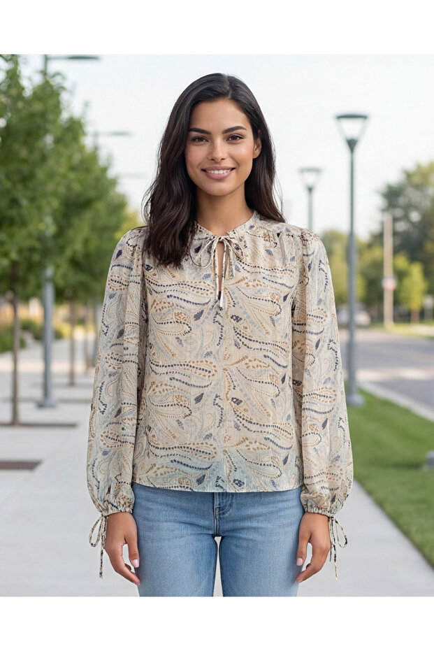 Women Beige Lurex Printed Blouse