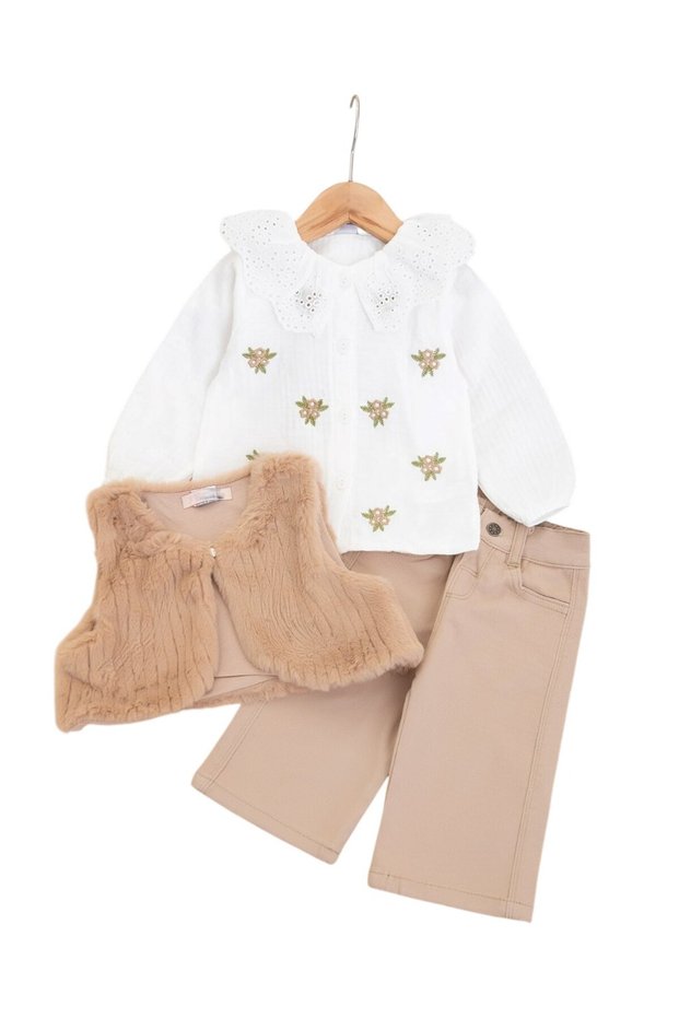 Girl's 3-Piece Set with Plush Vest, Scallop Detailed Shirt, Linen Trousers / 0-6 Years Old