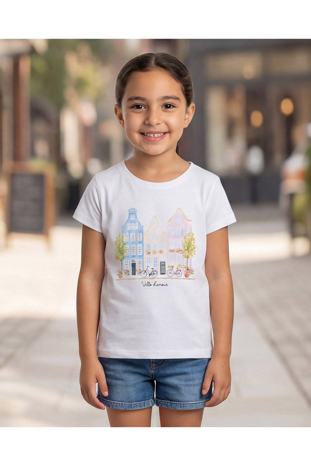 Girls White House Scenery Placement Print T-Shirt