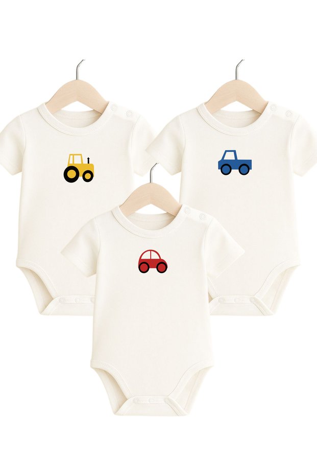 Baby Bodysuit with Vehicle Figure – Short Sleeve 100% Cotton Baby Bodysuit