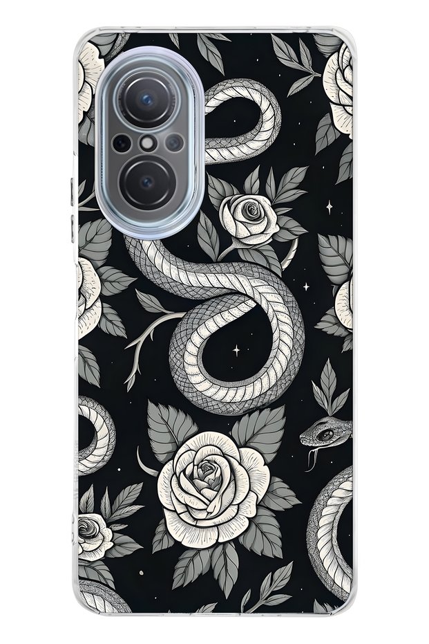 Huawei Nova 9 Se Compatible Black Rose and Snake Pattern Transparent Phone Case
