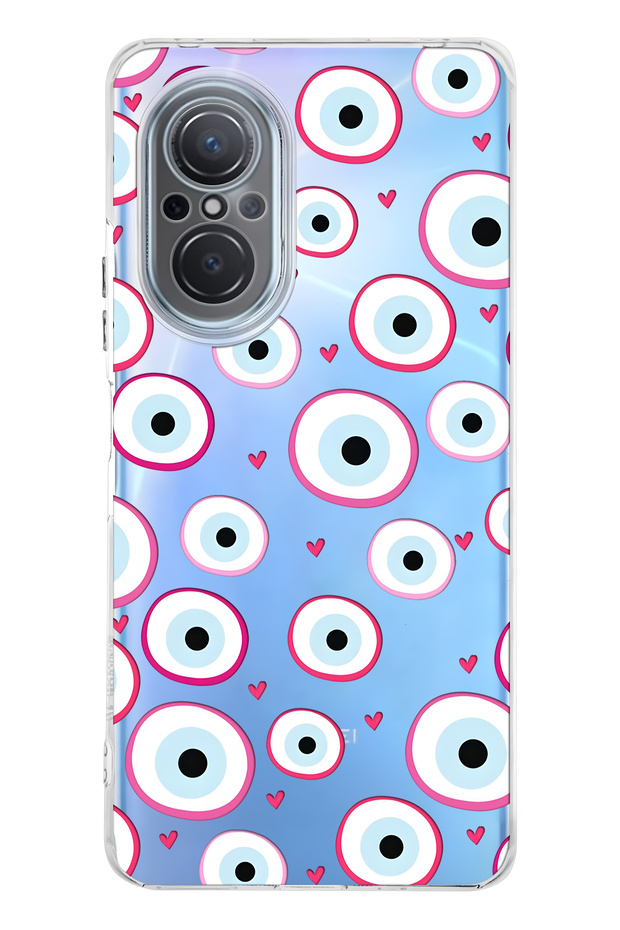 Huawei Nova 9 Se Compatible Pink Evil Eye Bead Patterned Transparent Phone Case