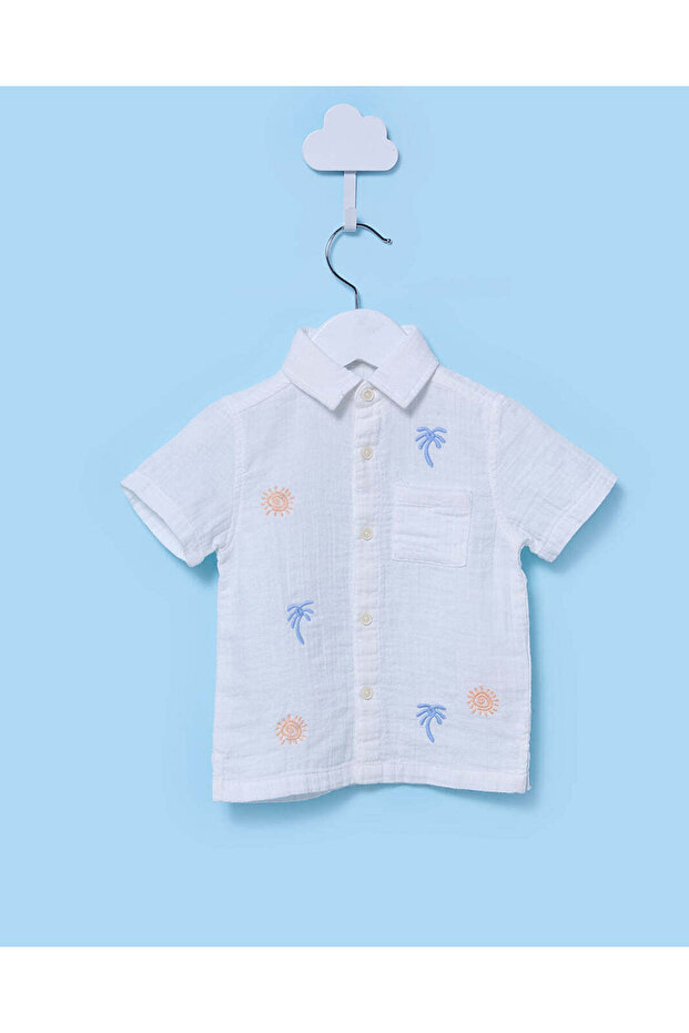 Infant Boys White Palm Embroidered Shirt