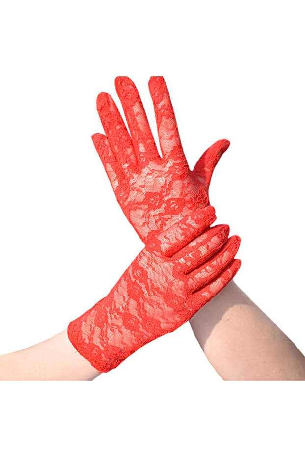 Red Color Short Lacy Gloves