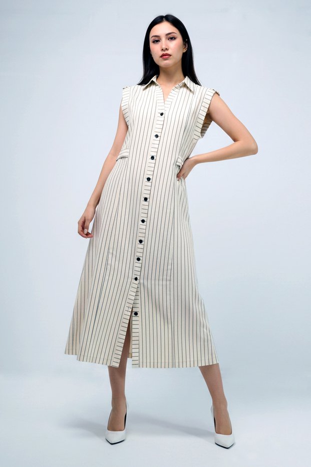 Women's Dress Linen Summer Dress Long Midi Dress Zero Sleeve Casual Beige Striped Comfortable Shirt Dress