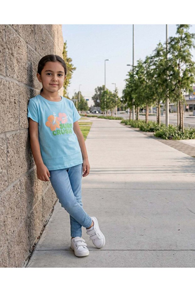 Girls Blue Printed T-Shirt