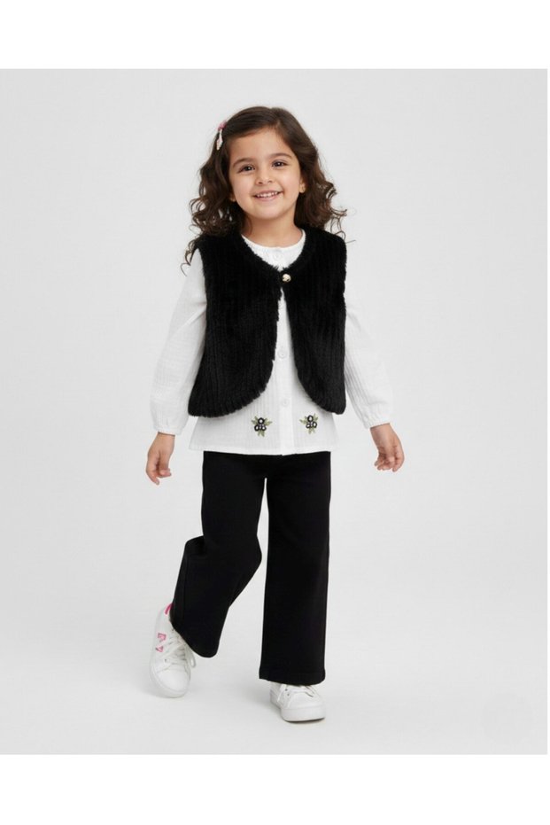 Girl's Vest, Shell Detailed Shirt, Linen Trousers 3-Piece Set / Size Options for 0-6 Years Old