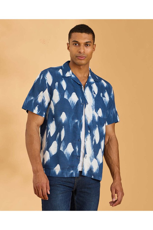 Men Navy Printed Resort Collar Shirt