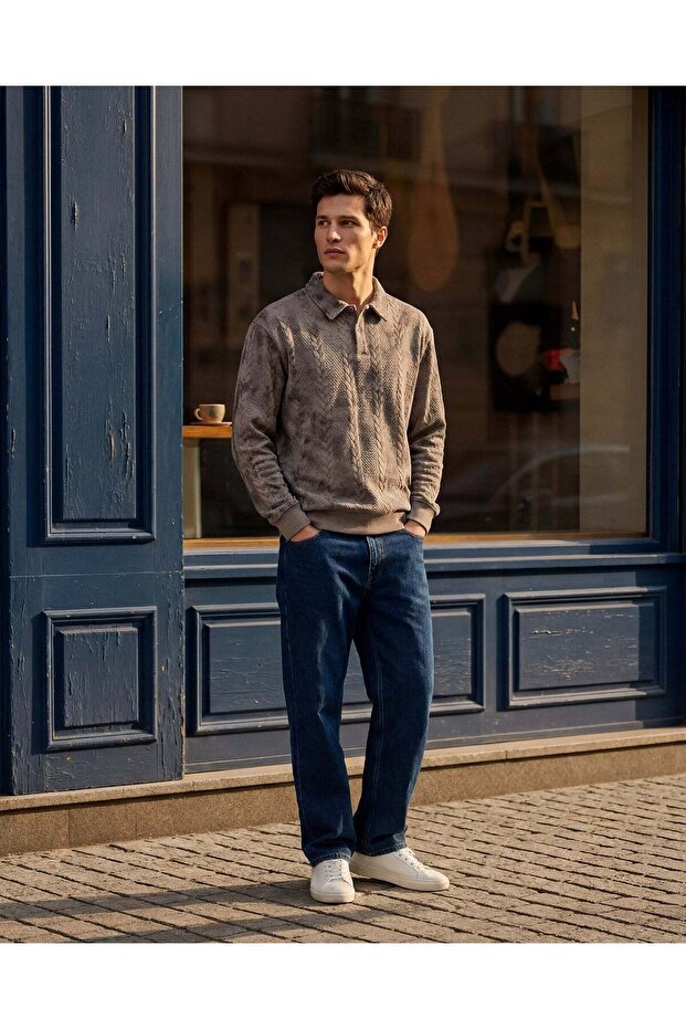 Men Pale Blue Allover Print Collar Front Buttoned Sweatshirt