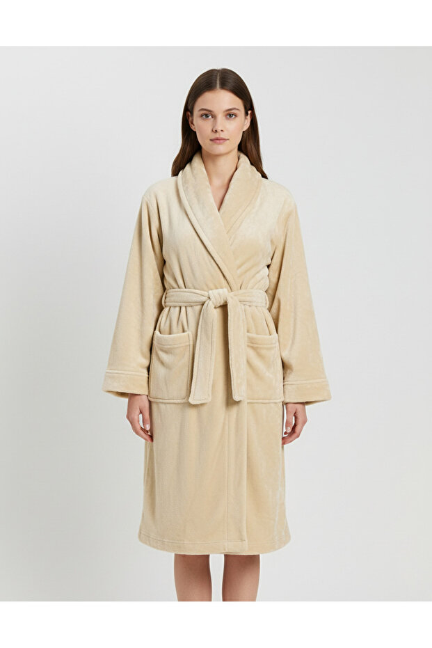 روب حمام من الفلانيل البيج (مقاس كبير) - 4