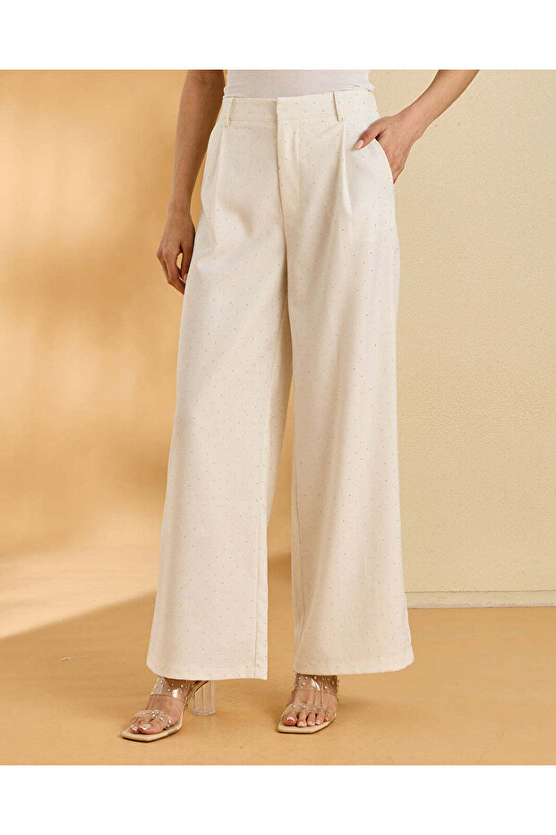Women Cream Studded Wide Leg Trousers