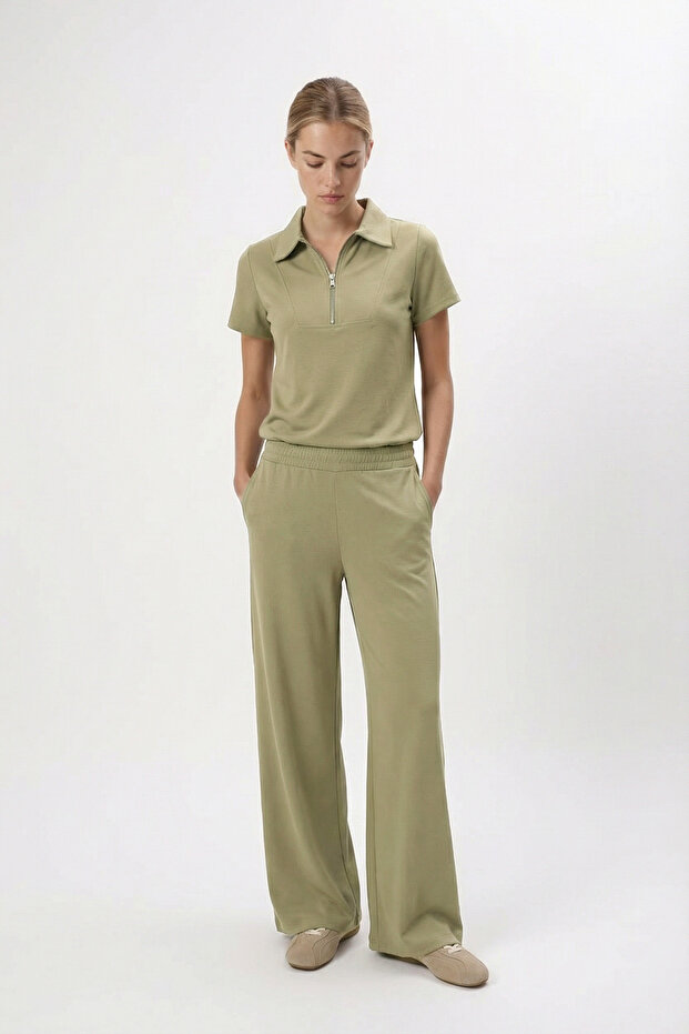 Women's Nola Modal Touch Zippered Polo Collar Elastic Waist Pocketed Khaki Top and Bottom Set