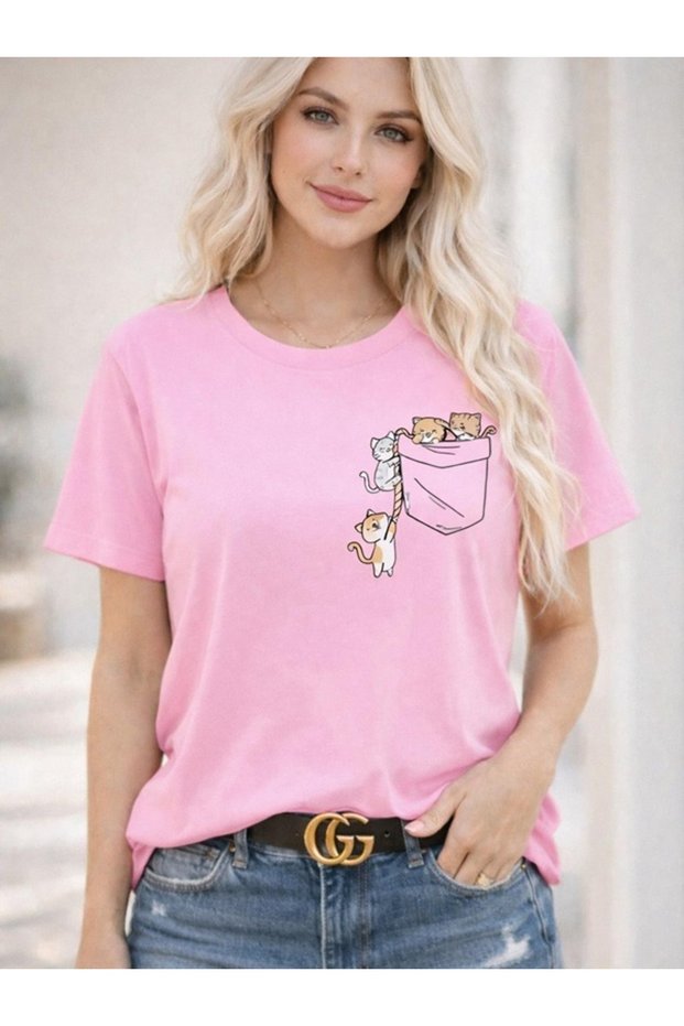 Women's Pocket Cute Cats Printed Cotton Oversize Relaxed Fit Stylish T-Shirt