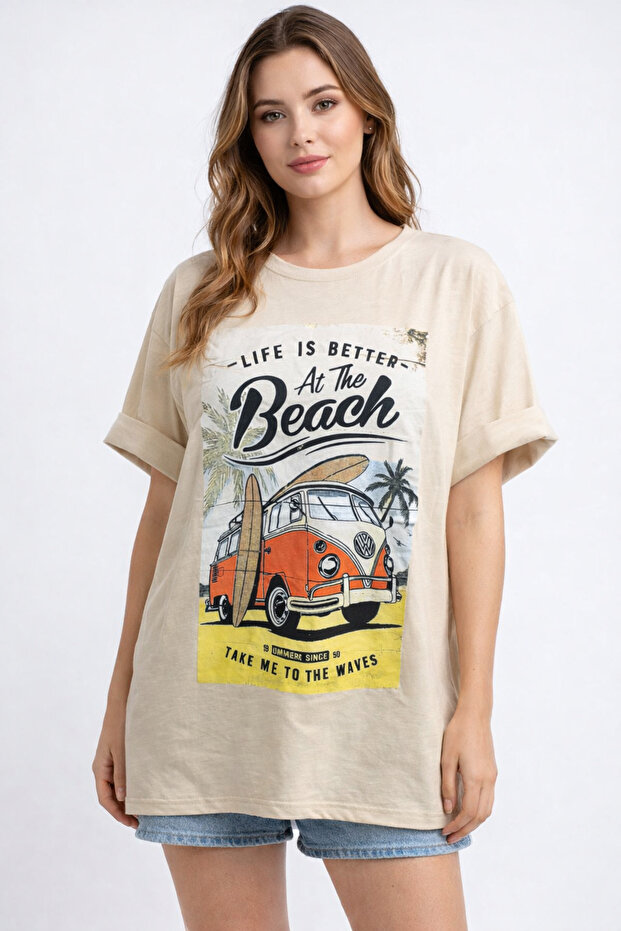 Women's Beige Crew Neck Beach Printed Oversize T-Shirt Nj103