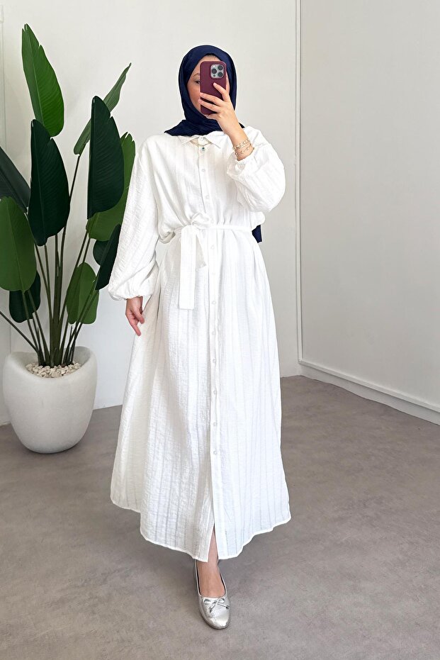 Düğmeli Elbise - Beyaz - 3