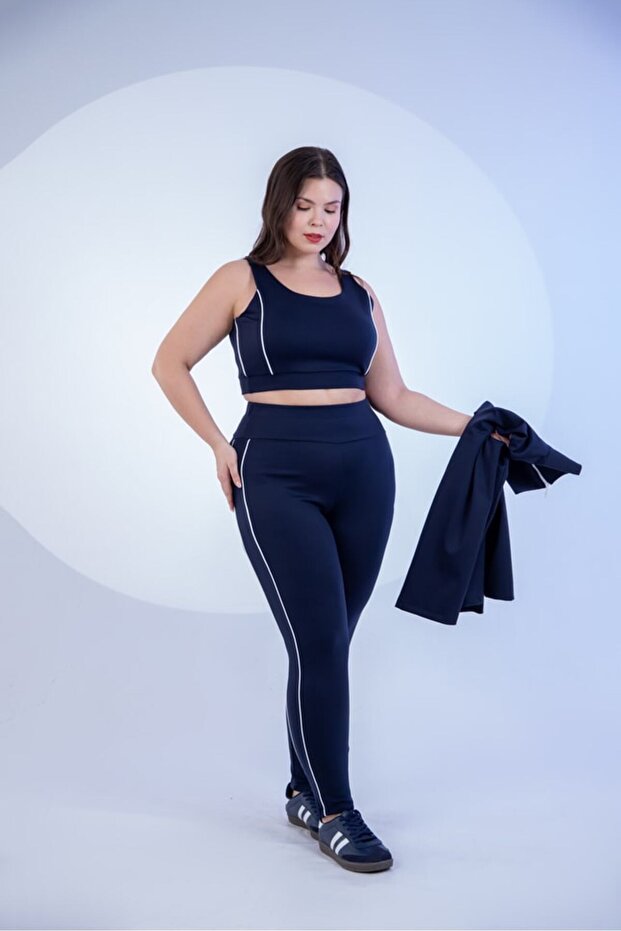 Plus Size Women's Piping Detailed 3-Piece Set Navy Blue
