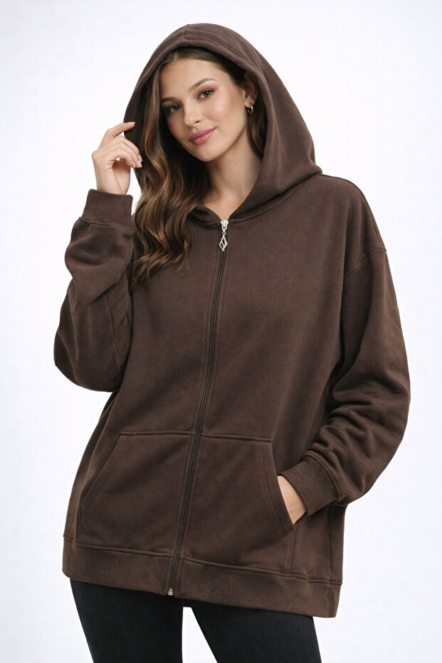 Women's Bitter Brown 3 Thread Hooded Zippered Oversize Sweatshirt Nj105