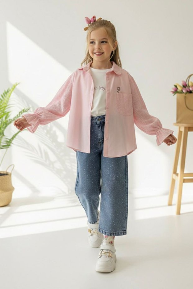 My Little One's Flowers Embroidered Detailed Stoned Girls' 3-Piece Set - Pink