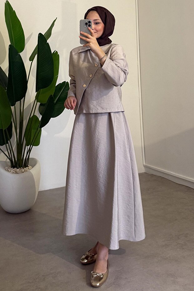 Düğmeli Modal Takım - Bej - 3