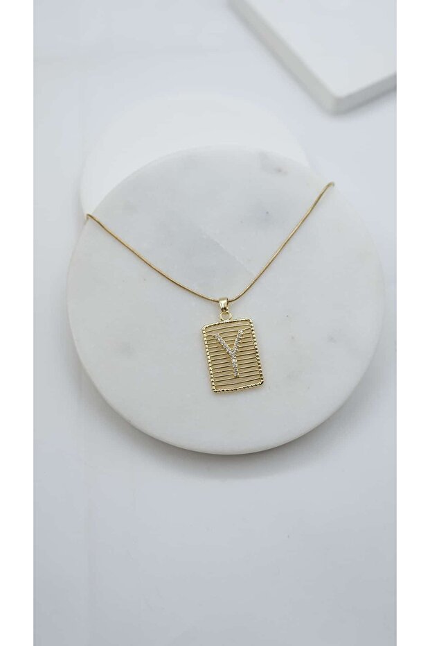 Striped Plate Y Letter Necklace