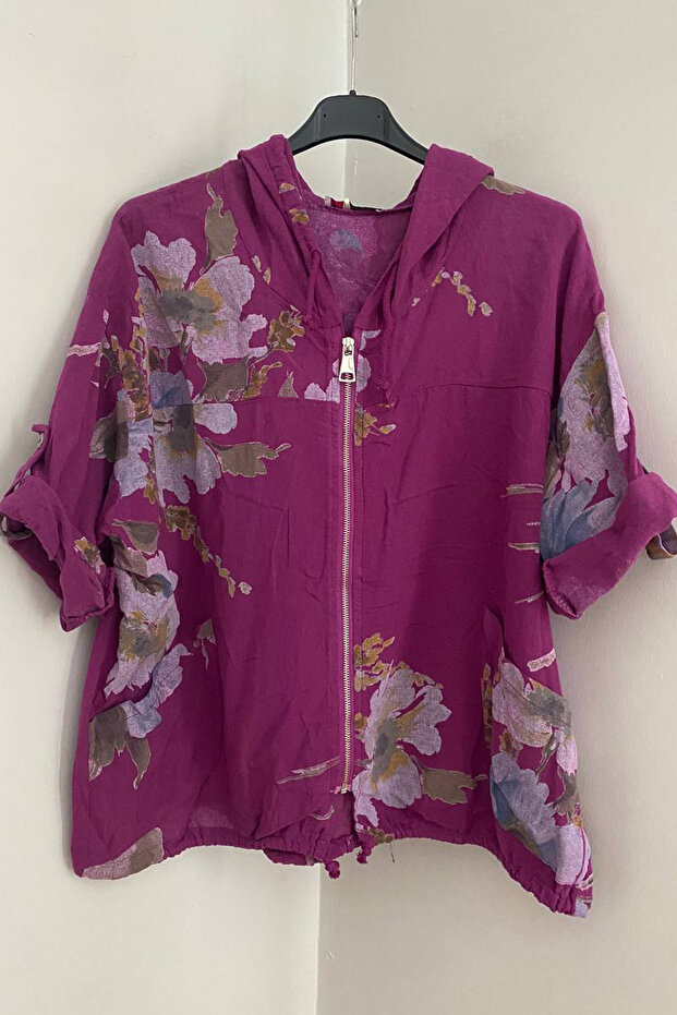 Women's Italian Lilac Ethnic Bouquet Patterned Hooded Zipper Closure 3/4 Sleeve Short Cap Jacket