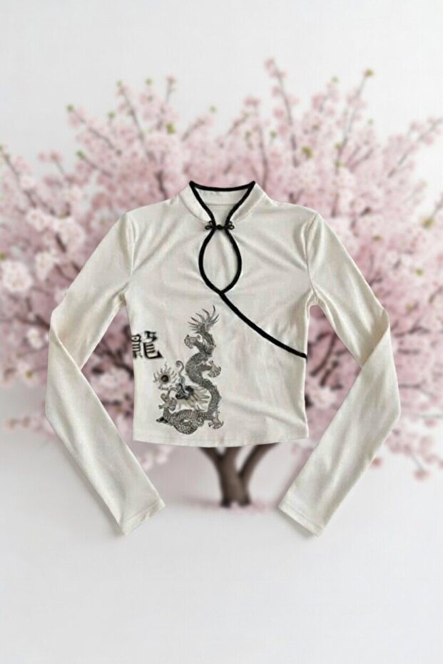 Japanese Style Mandarin Collar Dragon Desing Long Sleeve Blouse