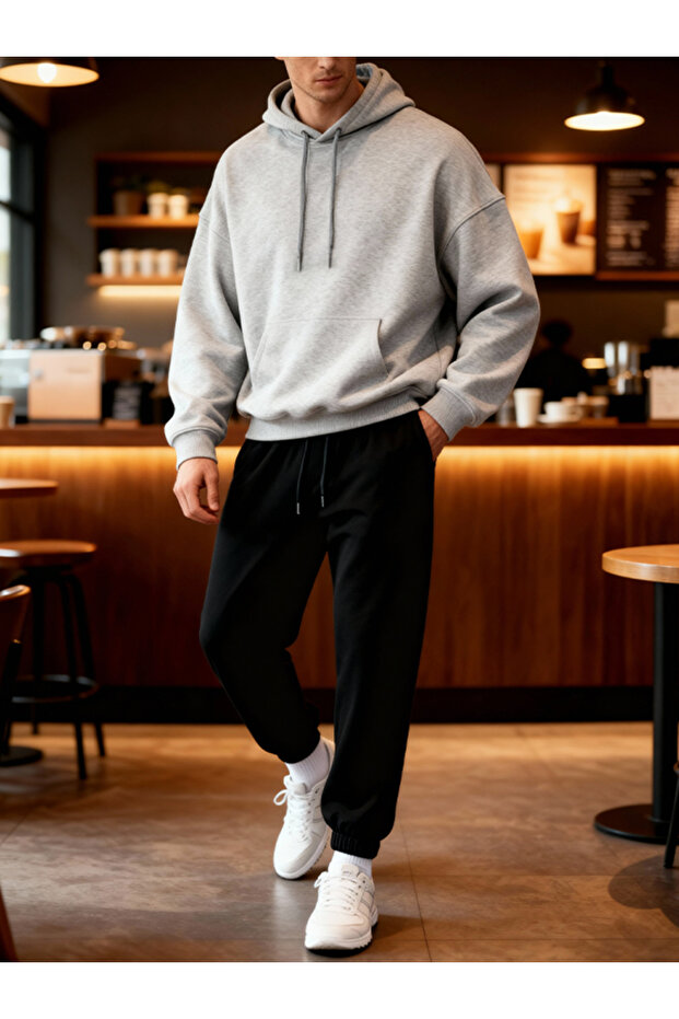 Lıvo Tracksuit Set Hooded Oversize Sweatshirt and Jogger Bottom Sports Combination