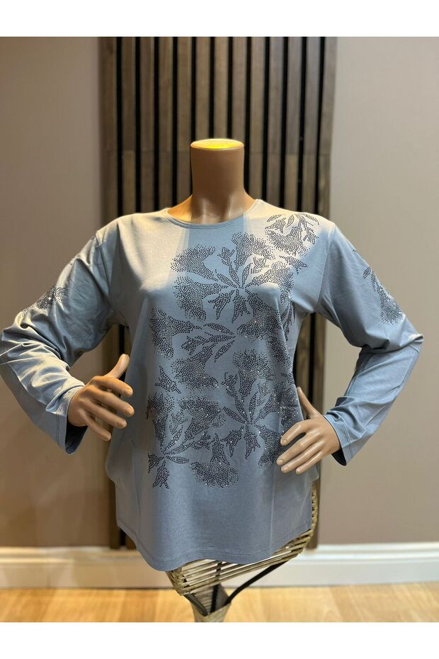 Women's Middle Age and Above Round Neck Viscose Orchid Stone Mother Combed Cotton Blouse