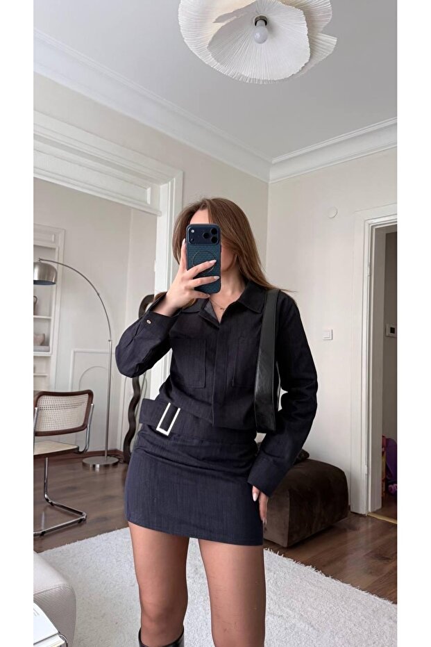 Kemerli Drapeli Denim Elbise - 2