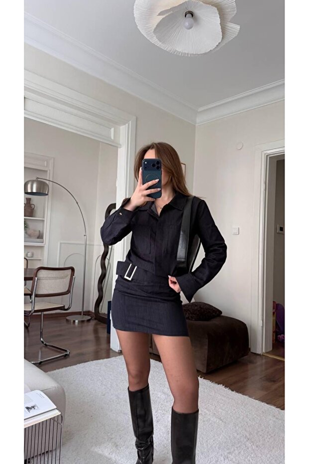 Kemerli Drapeli Denim Elbise - 1