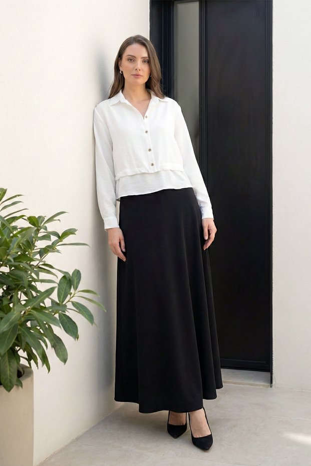Elastic Waist Flared Imported Crepe Black Skirt