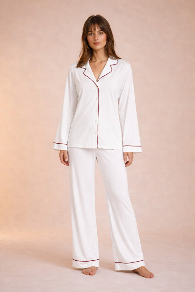 Shirt Collar Ecru Pajama Set