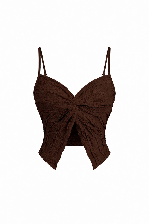 Alaçatı Style Front Twist Thin Strap Ruffle Textured Crop Blouse