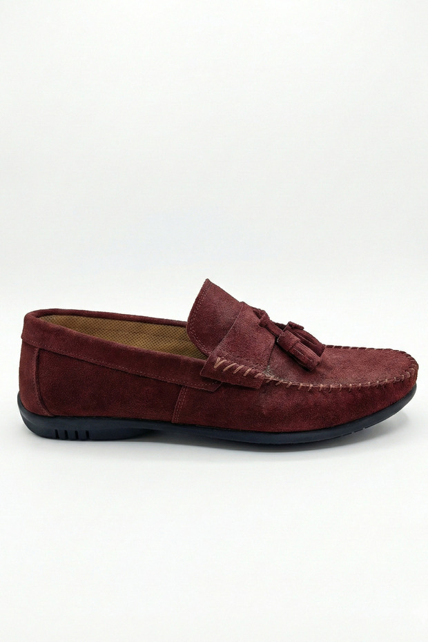 Men's Burgundy Suede Tasseled Loafer Moccasins – Laceless Slip-On Casual Classic Shoes