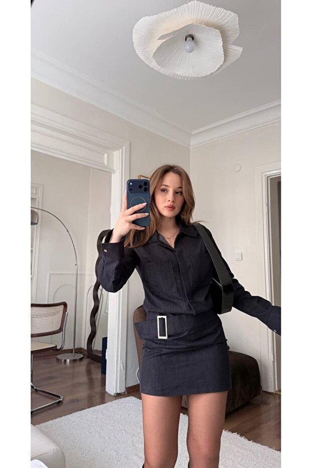 Kemerli Drapeli Denim Elbise - 3