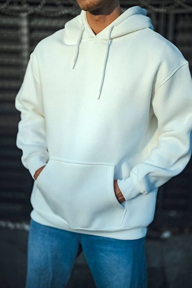 Three thread jersey hooded basic sweatshirt - white - 1