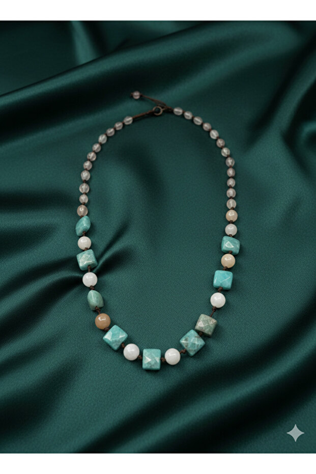 Amazonite & Pink Quartz & Moonstone & Sunstone Natural Stone Handmade Necklace