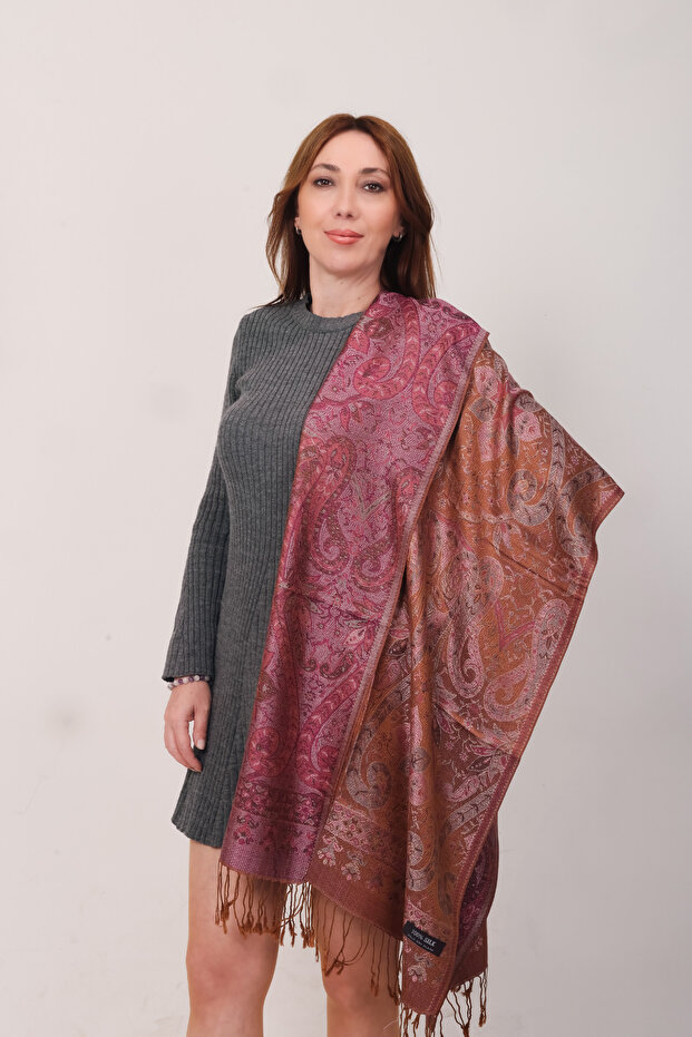 Shawl 100% Silk Double-Sided Pink Copper Multi Shawl (70X190 cm)