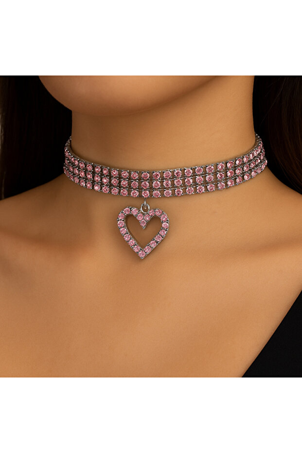 Choker Pink Stone Heart Choker Necklace