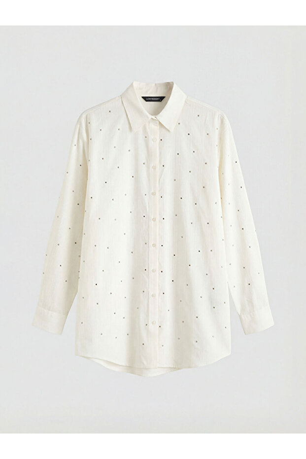 New season ecru stone embellished oversized women's shirt tunic by gülüs gi̇yi̇m