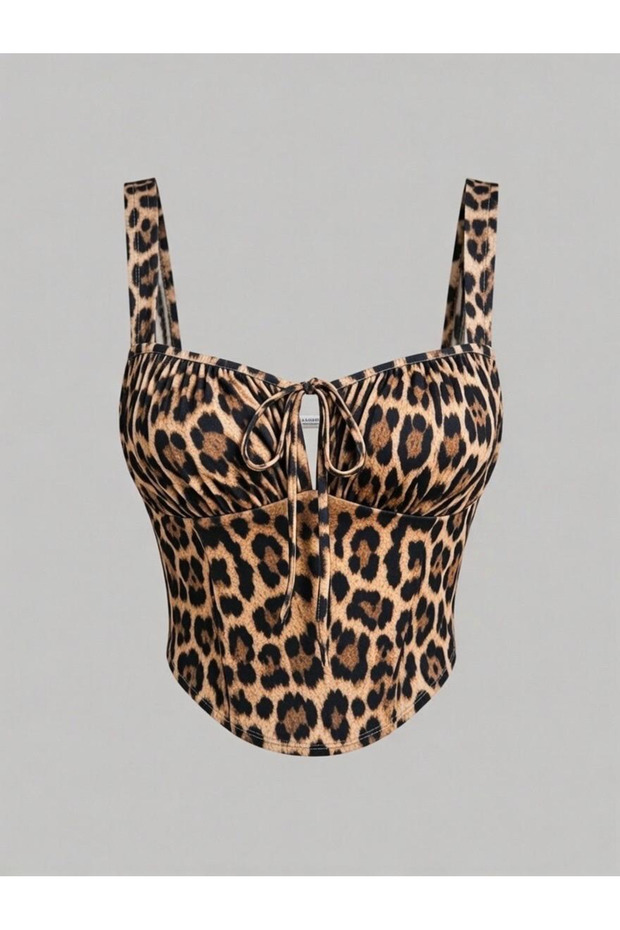 Leopard Printed Strappy Crop Top, Lace-Up Corset-Style Cropped Top, Plunging Neckline Leopard Printed Blouse