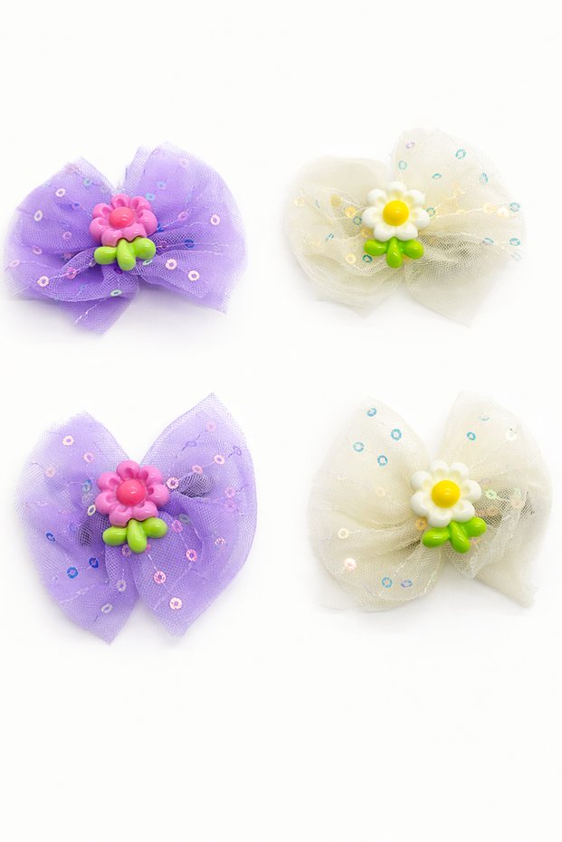 Rainbow Teddy Bear Flower Figured Tulle Bow Hair Clip Set of 2 – Girls' Rubber Hair Clip