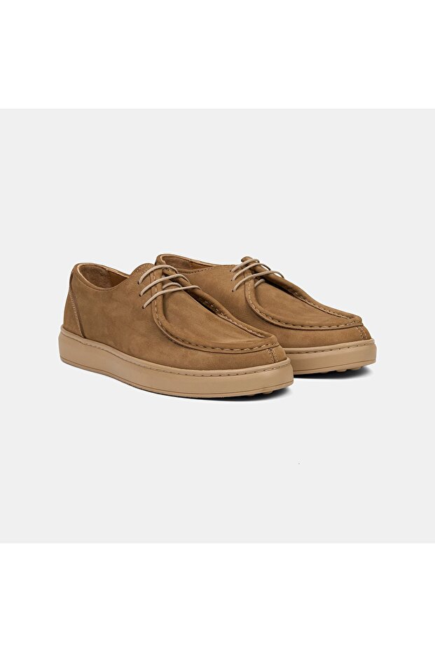 Men's Dark Beige Lace-Up Nubuck Leather Casual Shoes