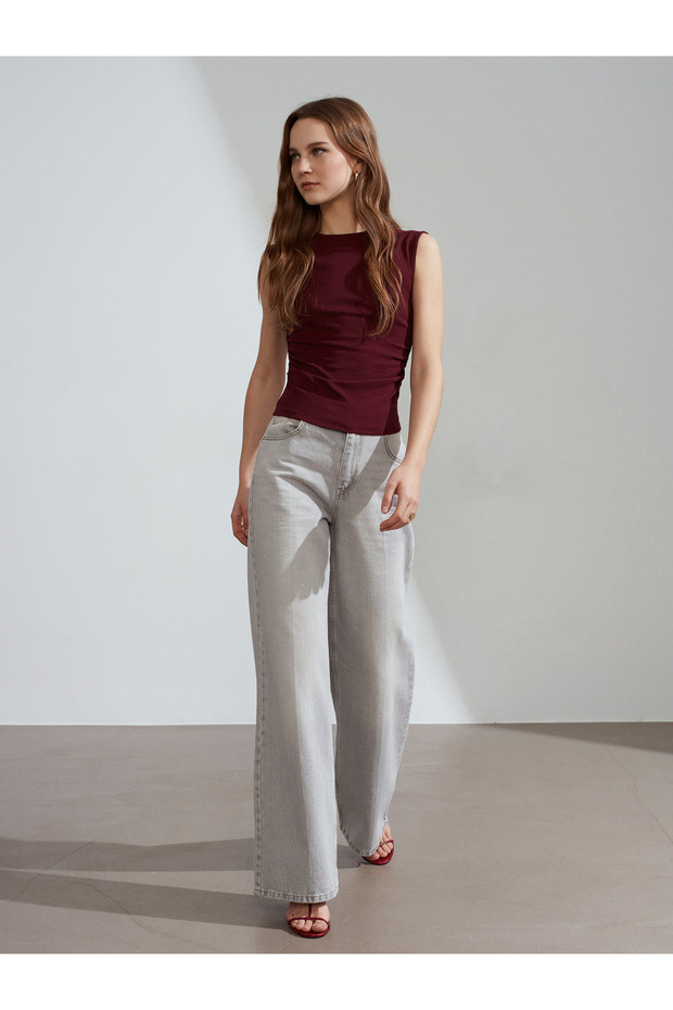 21054 Büzgülü Basic T-Shirt-Bordo - 4