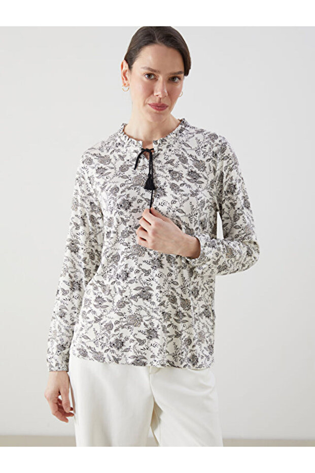 Tie Collar Patterned Women's Blouse