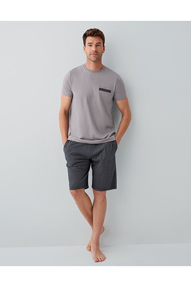 Men's Cotton Gray Short Sleeve, Long Pants/Short Shorts 3-Piece Boxed Pajama Set