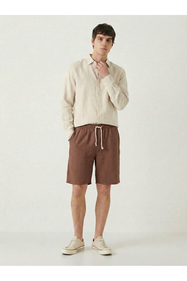 Men's Brown Linen Muslin Shorts 100% Cotton Organic Fabric with Back Pockets