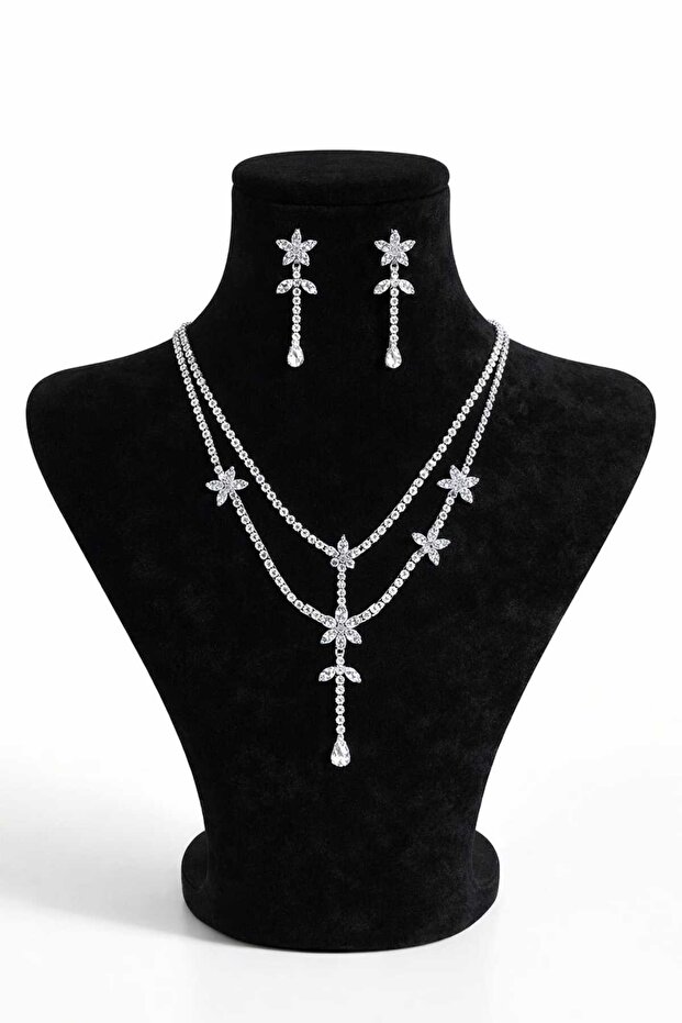 Women's Necklace Silver Color Model Daisy Waterway Zircon Stone Necklace Earring Set